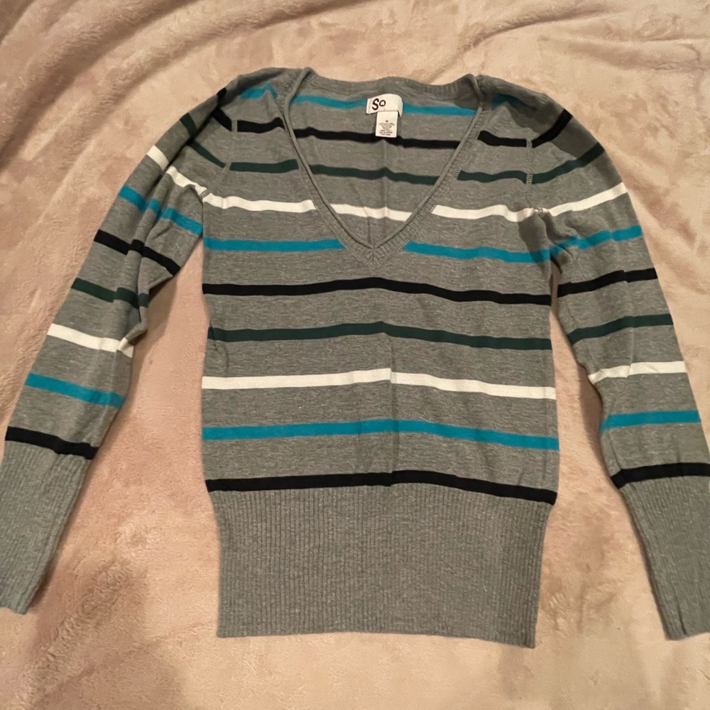 SO medium Striped Womens Sweater green blue grey v neck